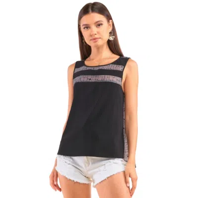 Truedames Grey And Black Sleeveless Relaxed Fit Brick Pattern Print Mesh Round Neck Top In Multi