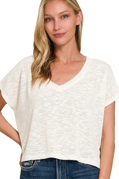 Truedames Hacci Slub V-neck Drop Shoulder Crop Top In White