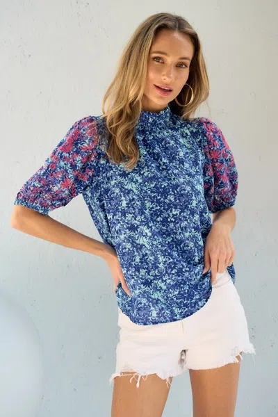 Truedames Hailey & Co Embroidered Puff Sleeve Printed Blouse In Blue