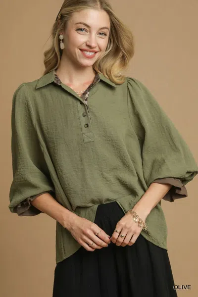 Truedames Half Button Blouse With Leopard Print Trim In Green
