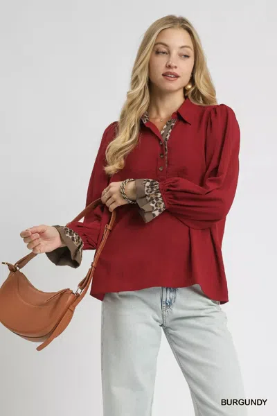 Truedames Half Button Blouse With Leopard Print Trim In Red