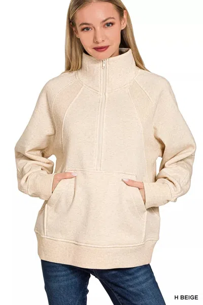 Truedames Half Zip Fleece Sweatshirt With Kangaroo Pocket In Neutral