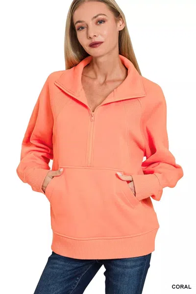 Truedames Half Zip Fleece Sweatshirt With Kangaroo Pocket In Orange