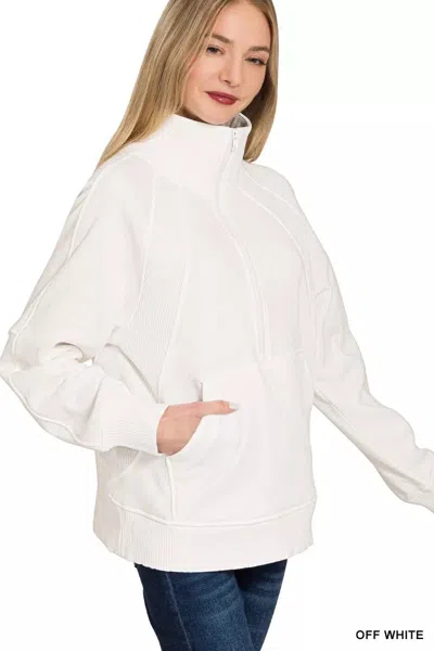Truedames Half Zip Fleece Sweatshirt With Kangaroo Pocket In White
