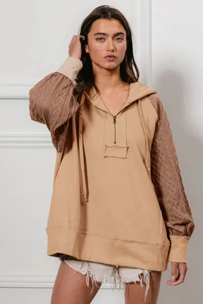 Truedames Half Zip French Terry Hoodie With Kint Sleeves In Beige