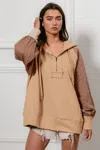 Truedames Half Zip French Terry Hoodie With Kint Sleeves In Brown