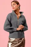 Truedames Half Zip Raglan Balloon Sleeves Ribbed Sweater In Gray