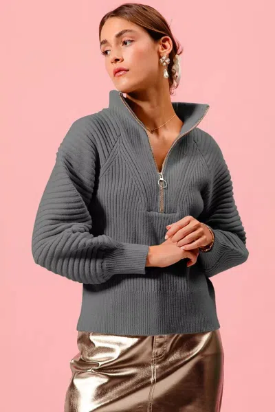 Truedames Half Zip Raglan Balloon Sleeves Ribbed Sweater In Gray