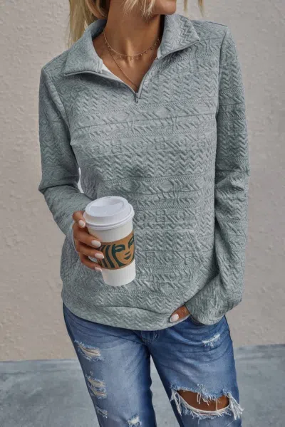 Truedames Half Zip Textured Solid Long Sleeve Pullover In Gray