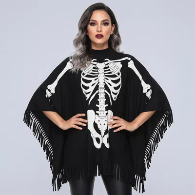 Truedames Halloween Skeleton Print Fringe Costume Cape Poncho In Black