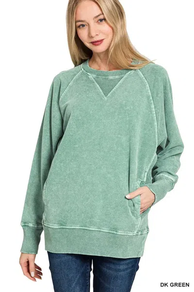 Truedames Halo Snow Washed French Terry Round Neck Sweatshirt In Green