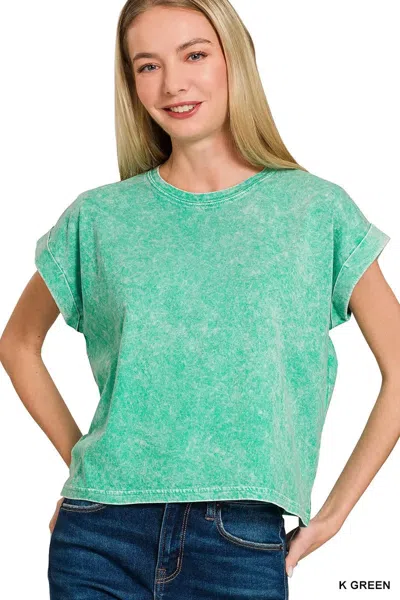 Truedames Halo Washed Cotton Cuffed Short Sleeve Top In Green
