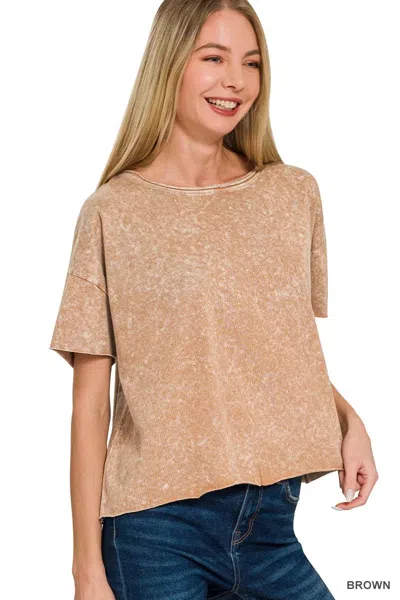 Truedames Halo Washed Cotton Short Sleeve Top In Brown