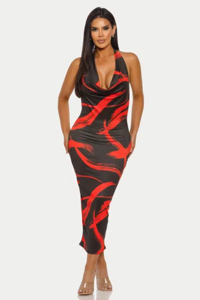Truedames Halter Cowl Neck Printed Midi Dress With Open Back In Multi