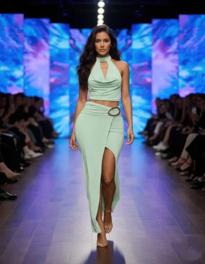 Truedames Halter Cowl Neck Scarf Top Oval Ring Skirt Set In Green