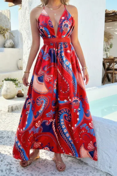 Truedames Halter Cross Back High Waist Deep V Neck Dress In Multi