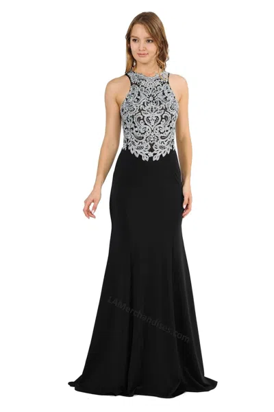 Truedames Halter Embroidered Lace Long Evening Dress In Black