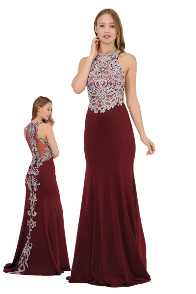 Truedames Halter Embroidered Lace Long Evening Dress In Brown