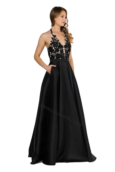Truedames Halter Lace & Mikado A-line Dress With Pockets In Black