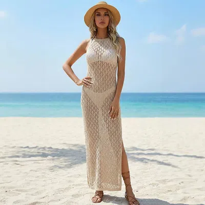 Truedames Halter Neck Crochet Mesh Beach Cover Up Maxi Dress In Neutral