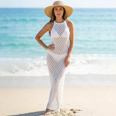Truedames Halter Neck Crochet Mesh Beach Cover Up Maxi Dress In White