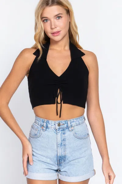 Truedames Halter Ruched Crop Sweater Knit Top In Black