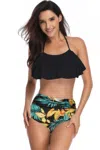 Truedames Halter Ruffle High Waisted Leaves Print Swimsuit In Black