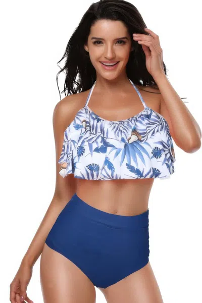 Truedames Halter Ruffle High Waisted Leaves Print Swimsuit In Blue