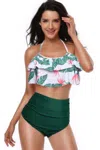 Truedames Halter Ruffle High Waisted Leaves Print Swimsuit In Green