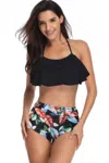 Truedames Halter Ruffle High Waisted Leaves Print Swimsuit In Multi