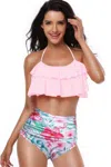 Truedames Halter Ruffle High Waisted Leaves Print Swimsuit In Pink