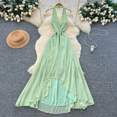 Truedames Halter Sleeveless Sexy Open-back Dress Summer Green High-waist Slim-fit Maxi, Bodycon Gown