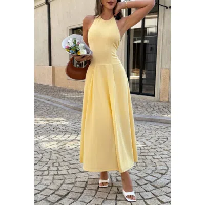 Truedames Halter Solid Dropped Hem Midi Dress In Yellow