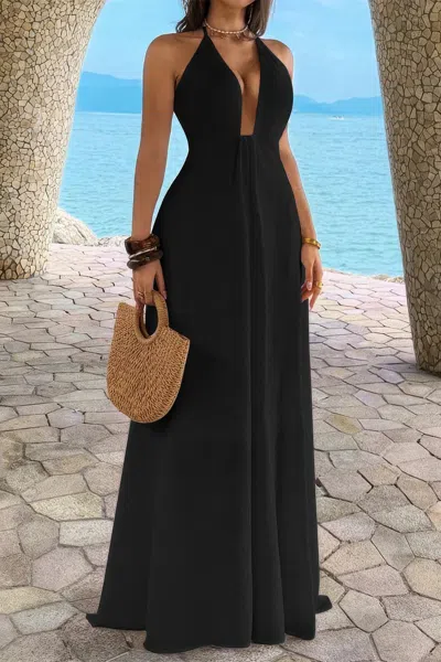 Truedames Halter Solid Hide Zipper A Line Maxi Dress In Black