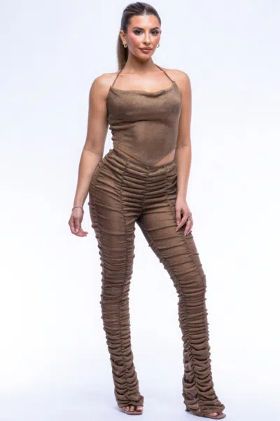 Truedames Halter Top Ruched Pants Set In Brown