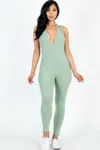 Truedames Halter V Neck Ribbed Bodycon Jumpsuit In Green