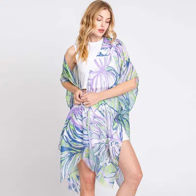 Truedames Hand Drawn Tropical Leaves Kimono Poncho In Purple