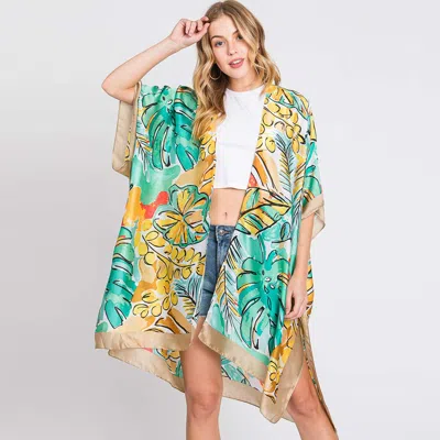 Truedames Hand Drawn Watercolor Tropical Leaves Kimono Poncho In Multi