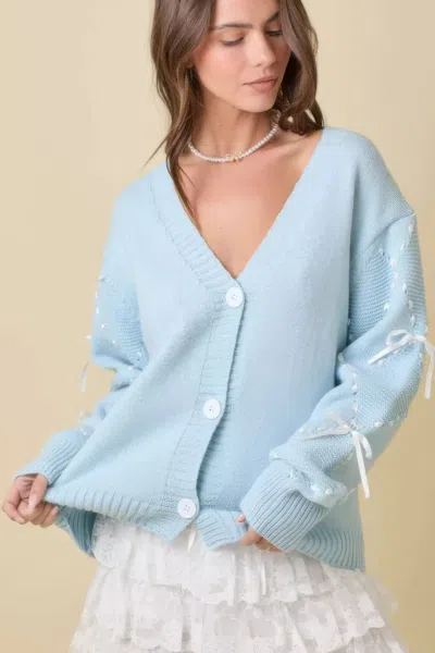 Truedames Hand Sewn Satin Ribbon Detail On Sleeve Cardigan In Blue