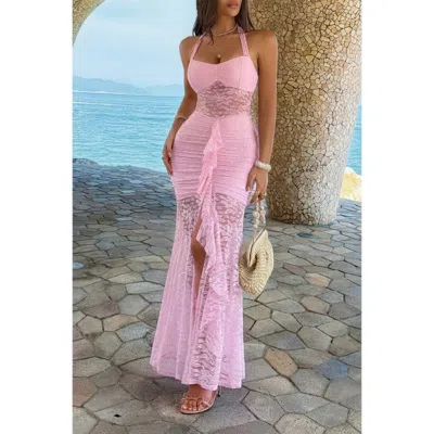 Truedames Hater Bodycon Lace Draped Ruched Dress In Pink