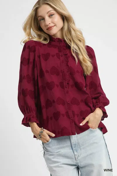 Truedames Heart Jacquard Ruffle Trim Shirt In Burgundy