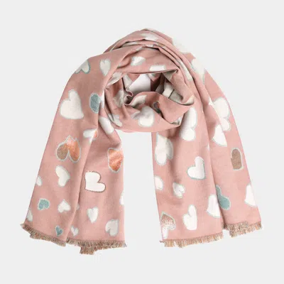 Truedames Heart Pattern Fringe Oblong Scarf In Pink