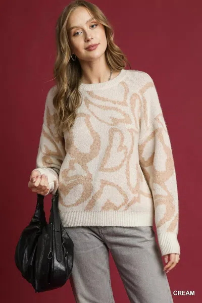 Truedames Heart Print Crew Neck Sweater In Neutral