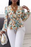 Truedames Heart Print Cross Knot Belt Fit Wrap Top In Green