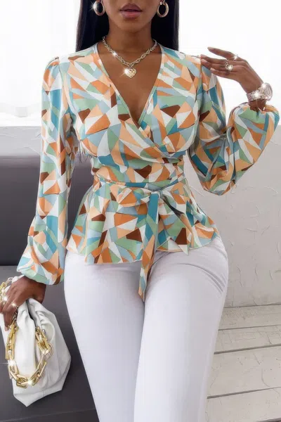 Truedames Heart Print Cross Knot Belt Fit Wrap Top In Green