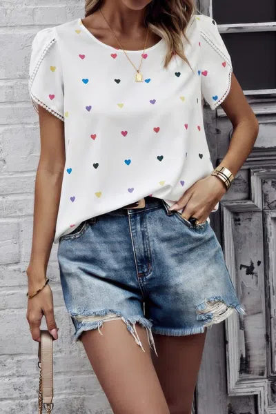 Truedames Heart Print Round Neck Loose Fit Shirt In White