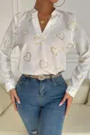 Truedames Heart Print V Neck Fit Blouse In Gold
