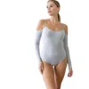 Truedames Heather Grey Ribbed Off-the-shoulder Long Sleeve Bodysuit In Gray