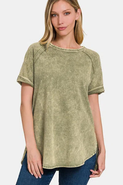 Truedames Heathered Round Neck Short Sleeve Blouse In Green