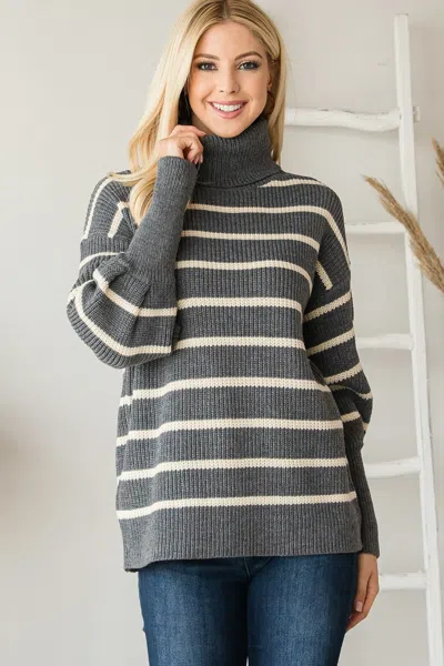 Truedames Heavy Knit Striped Turtle Neck Knit Sweater In Gray